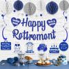 Navy Blue Retirement Party Decorations, Pre-Strung Happy Retirements Banner with Honeycomb Balls, Hanging Swirls, Circle Dots Garland for Happy