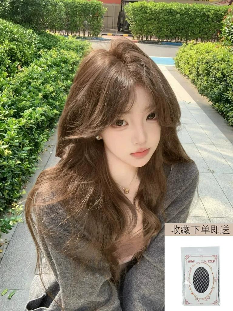 Wig female linen gray brown long curly hair Internet celebrities daily white temperament big waves eight characters bangs whole head cover