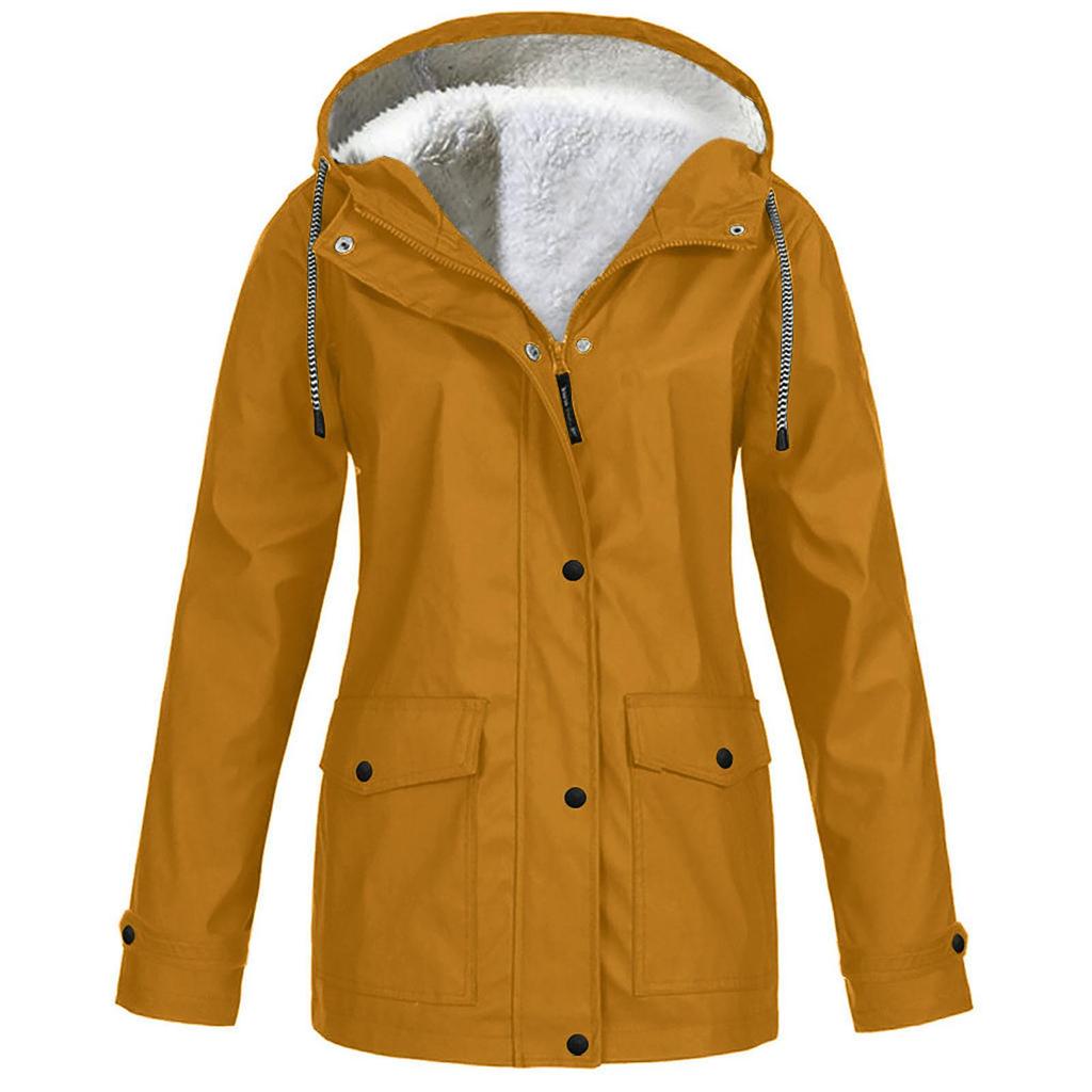 Frauen Solide Plüsch Regen Outdoor Plus Größe Mit Kapuze Regenmantel Winddichte Jacke Mantel