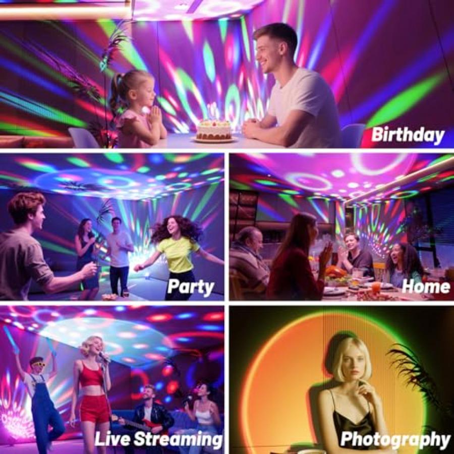 Disco Ball Party Lights Disco Light Sunset Lamp Projector with RGB UV White YGB Sound Activated LED DJ Strobe Stage Light for H