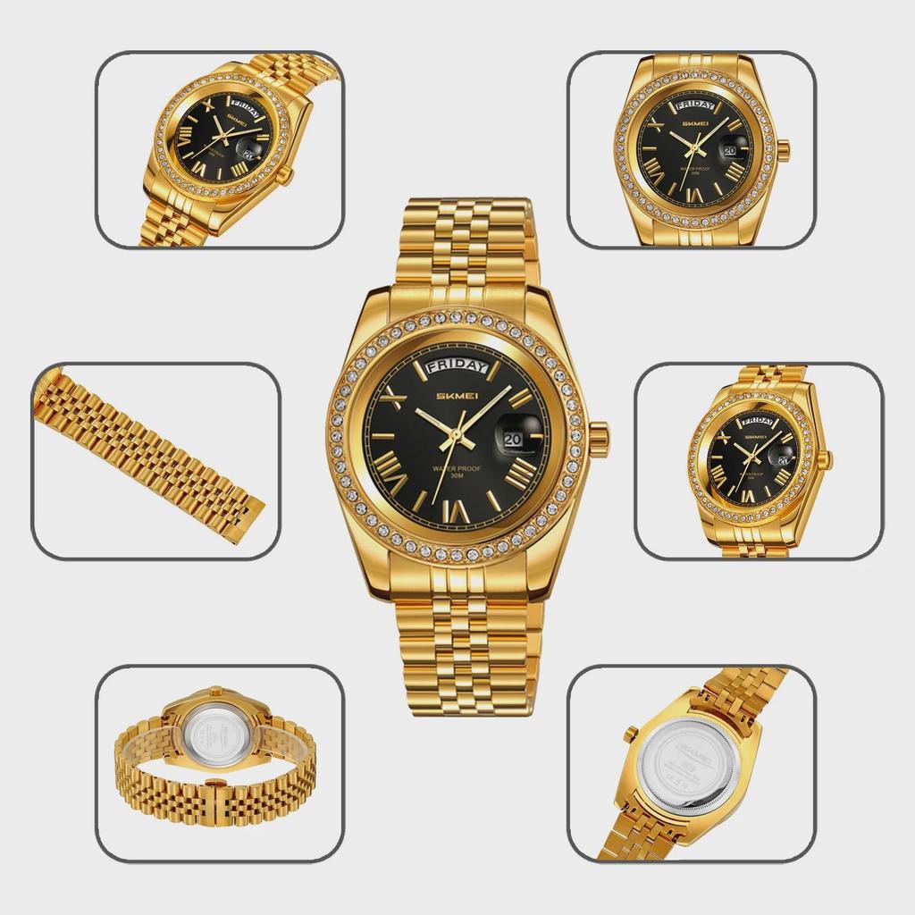 Mens Analog Quartz Watch Diamond Encrusted Bezel Day & Date Display Waterproof Stainless Steel Band
