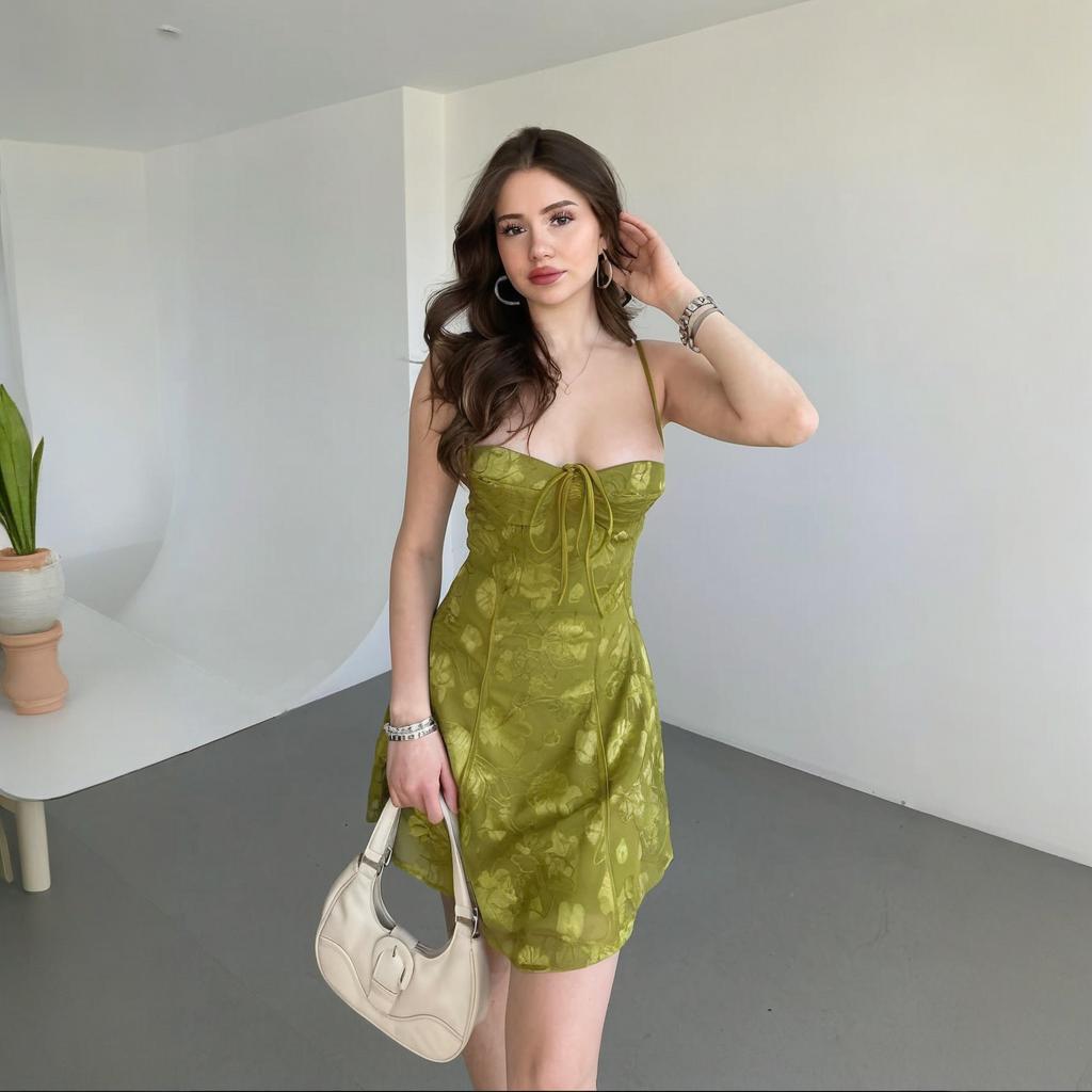 

2025 Summer European & American V-Neck Sexy Slim-Fit Women s Dress XS оливковый