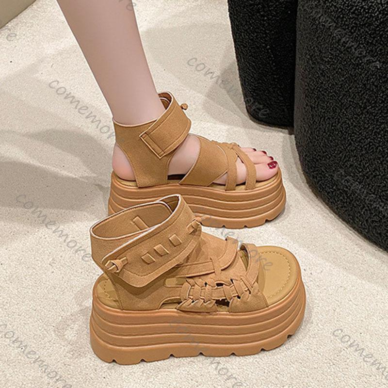Comemore Thick Bottom Woven Roman Sandals Summer Shoes for Women Vintage Open Toe Wedge Sandals Hook Loop Heeled Sandales Femmes