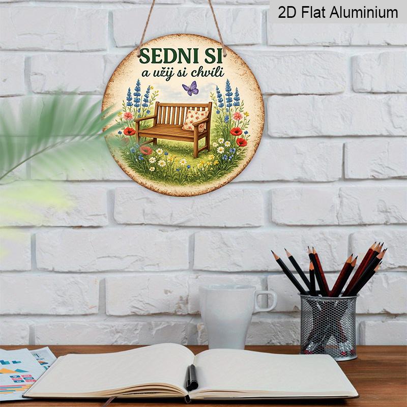 2D Flat - 1pc Round Aluminum Metal Sign, Vintage Plaque About "Sit Down And Enjoy The Moment", "Garden Bench Butterfly Flowers" Decorative Sign
