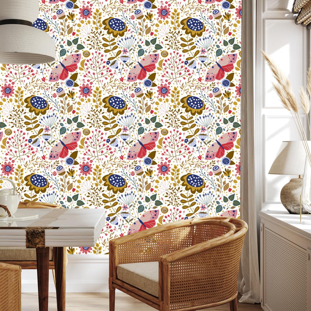 Wallpaper Flowers White, Cream, Coral and Beige for Living Room and Bedroom 50x1000
