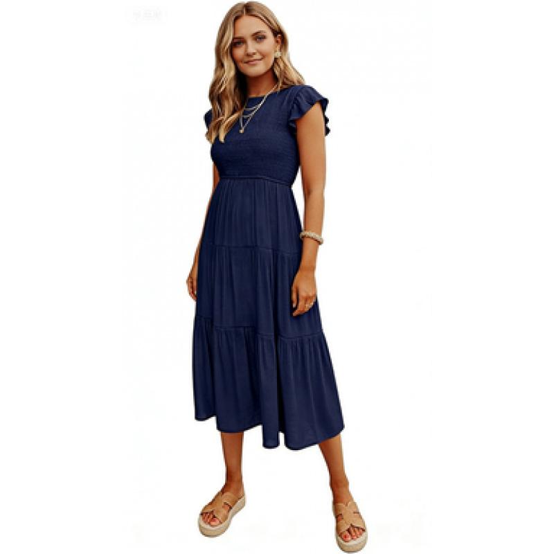 Women's Flying Sleeve Pleated Layered Short Sleeve Large-Swing Dress