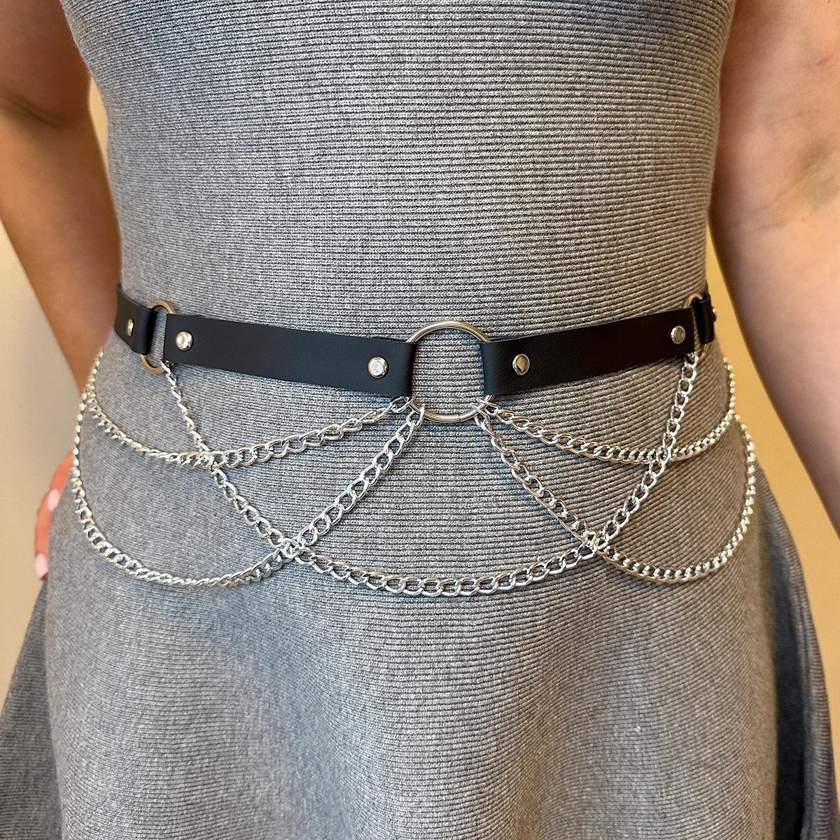 Damen Sexy PU-Leder Körperkette Taillengürtel Gotischer Stil Bauchgeschirr Schmuckzubehör Für Kleidung gray