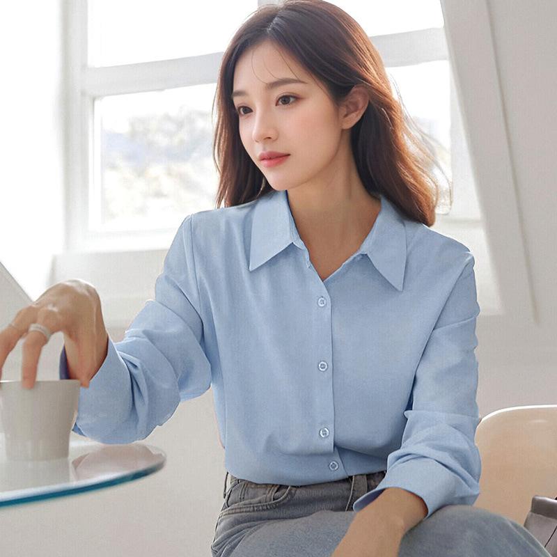 Minimalist Shirt for Women In Spring Autumn, Polo Collar Lazy Style Professional Versatile OL Commuting Solid Color Shirt Blouses & Shirts