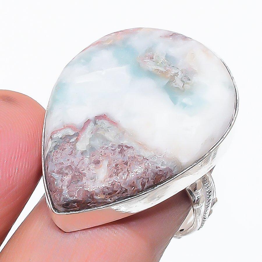 Natural Larimar Gemstone Handmade 925 Sterling Silver Jewelry Ring Size 7.5 R0L98
