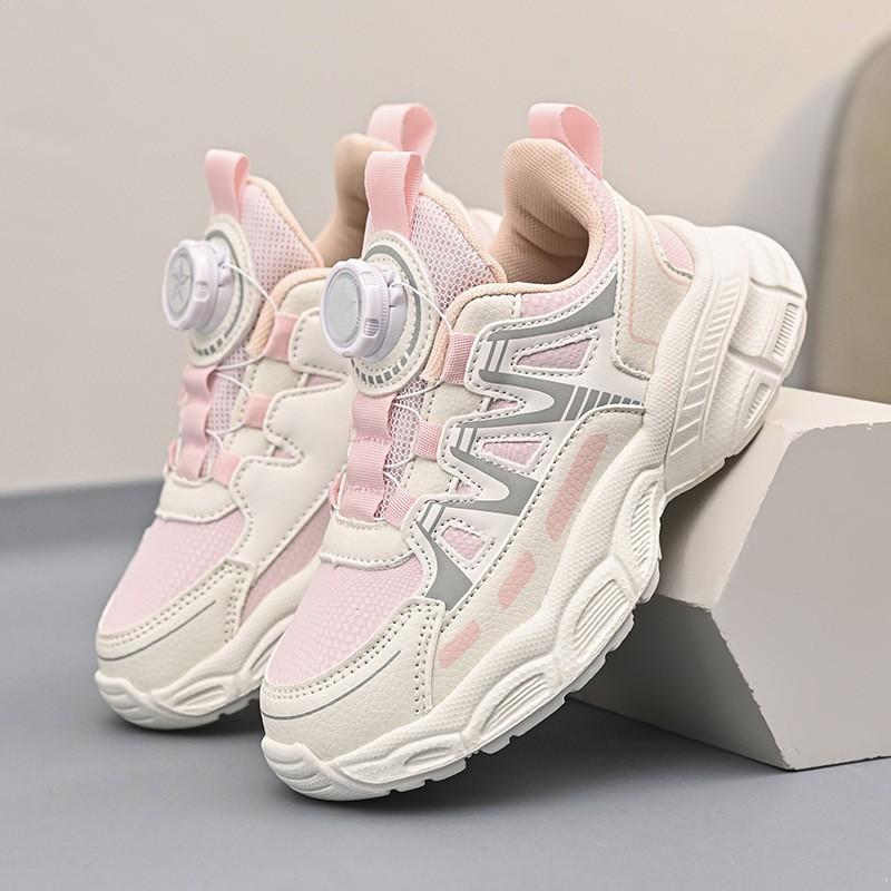 Youth style shoes Girls Chunky Sneakers With Rotary Buckle Breathable Mesh Upper Pink Purple Kids Sport Shoes Fall