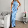Elegantes Satin-Maxikleid mit Neckholder, ärmellos, A-Linie, seitlichem Schlitz, hoher Taille, figurbetont, für Büro, Party, Hochzeitsgast