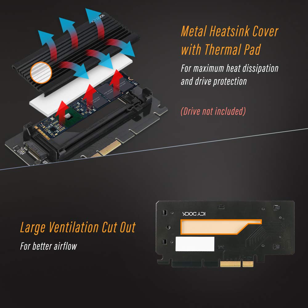 ICY DOCK NVMe SSD Adapter and Heatsink PCIe x4 32Gbps SSD to PCI e slot MB987M2P-2B M.2 3.0 m.2