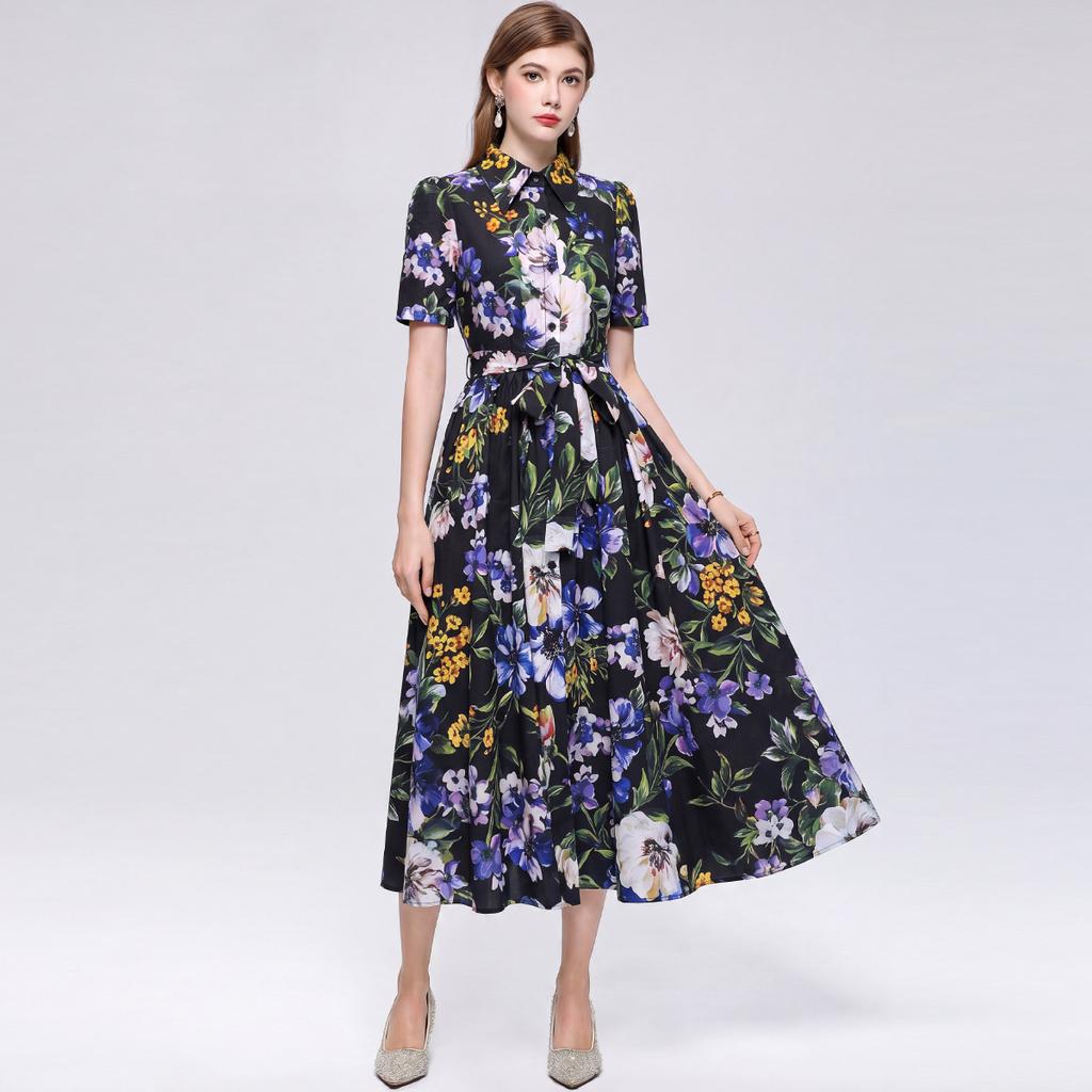 Elegant Gorgeous Flower Print Shirt Dress Women Summer Short Sleeve Collar Midi Dress with Sash Belt Vintage Style Party Wear