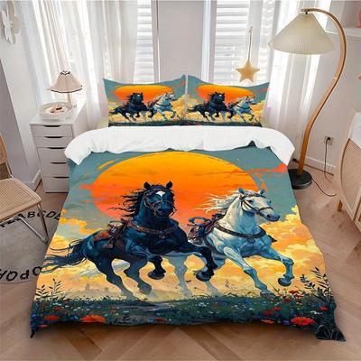 3pcs Set Horse Sunset 1 Quilt Cover + 2 Pillowcases, All Seasons Bedroom Setting, Perfect for Home and Dorm Decor A166
