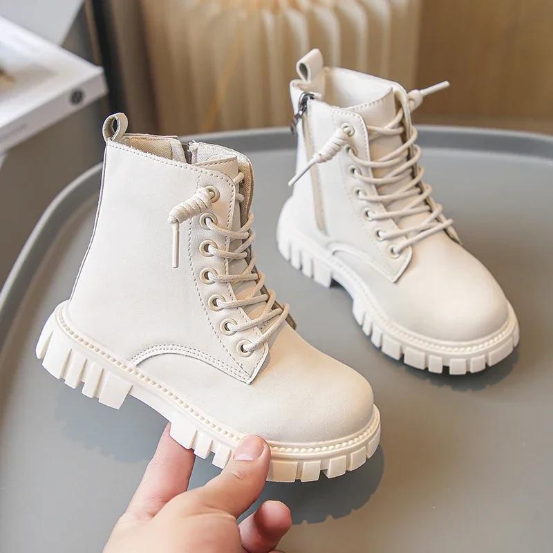 Spring Autumn Girls Ankle Boots Fashion School Kids Leather Boots Thick Bottom Non-slip Children's Platform Causal Boots Black