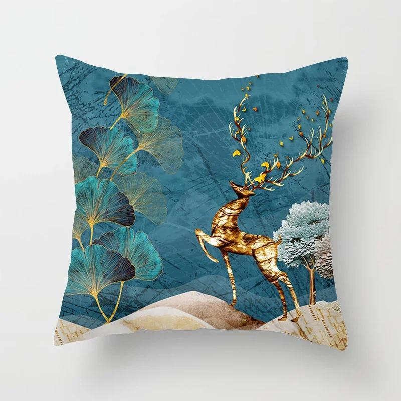 Black Gold Drawing Leaf Elk Tree Bird Butterfly Printed Square Pillowslip Polyester Cushion Cover Pillowcase Living Room Home