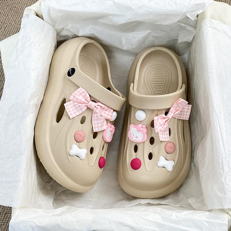 Fashion Cartoon Cute Bow Cave Shoes For Women 2025 Summer New Students Wear Sweet Cool Sandals Outside Thick Soled Womens Slippers