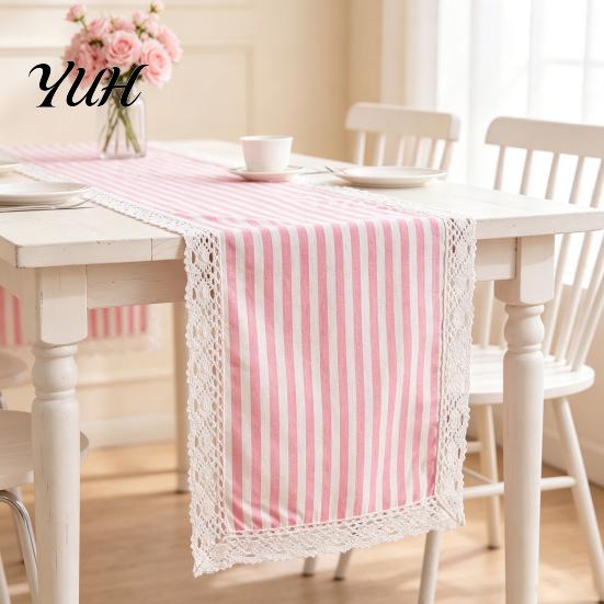Entryway Table Runner Striped Runner, Lace Trim Cotton Linen for Dining Rustic Farmhouse Home Decor Boho