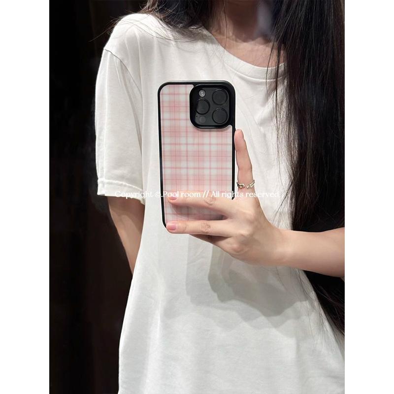 Ins Korean Stylish Girl Pink Grid Phone Case For iPhone16 15 14 13 12 11Pro Max Plus Minimalism Advenced Y2k Anti Fall Shell
