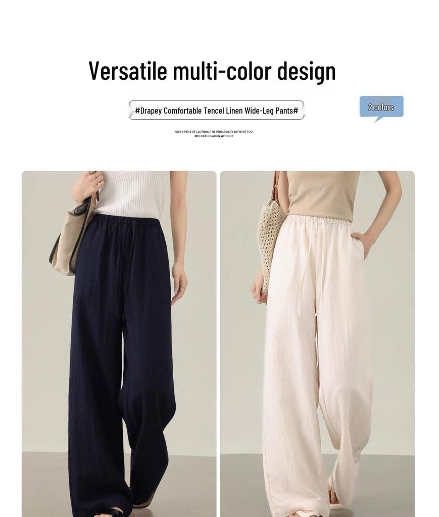 Women's Dark Blue Tencel Linen Anti-Wrinkle High Waist Wide Leg Pants - Summer Cool Thin Straight Leg Design