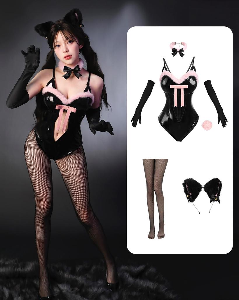 Bunny Girl Cosplay Large Size Bunny Suit Black x Pink Cat Girl Cosplay Costume High Leg Halloween Costume Event Photo Session x Pink Cat Girl [Kamizu