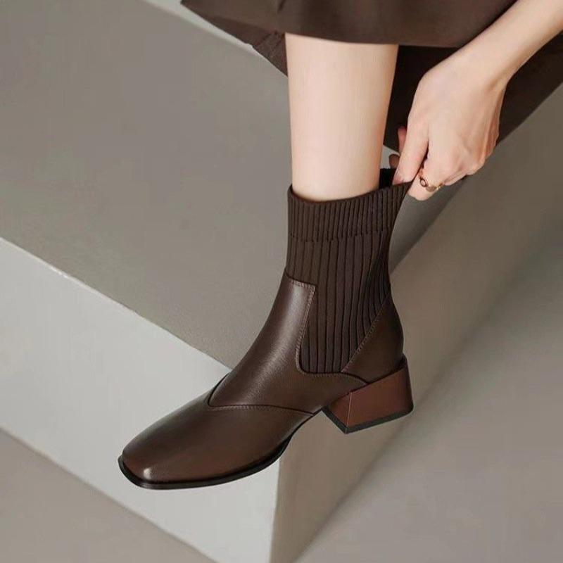 Fashion French Knit Stretch Skinny Boots Women's Fall 2025 New Block Heel Versatile Booties