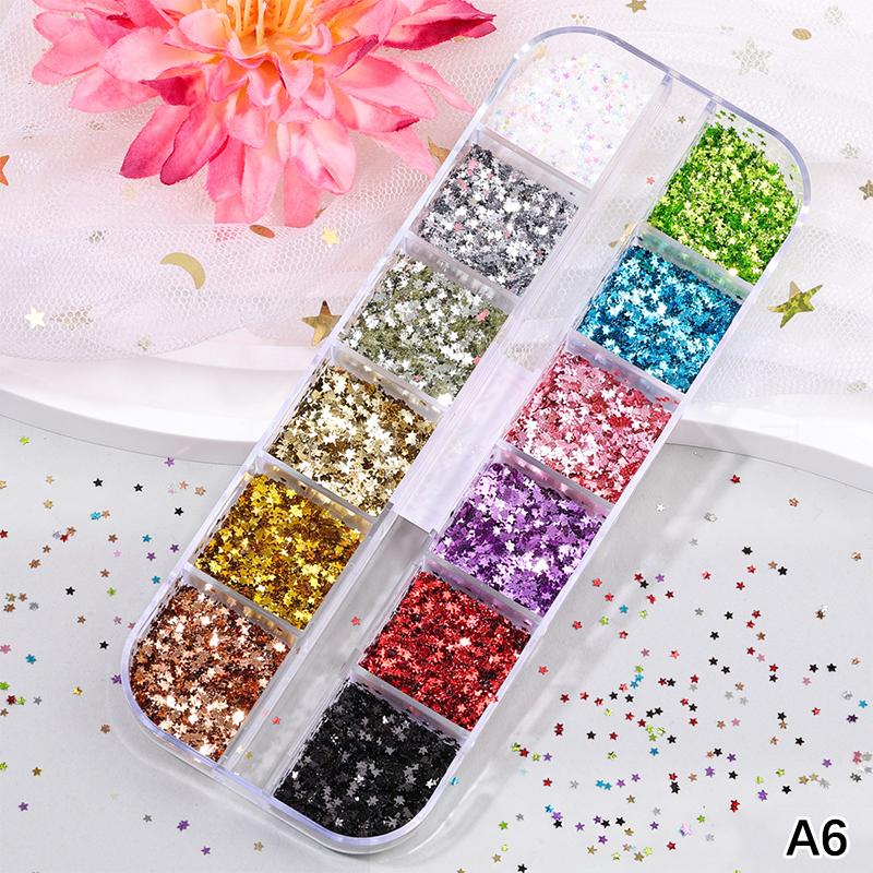 12 Grids Mixed Star Heart Nail Glitter 1Mm Star Sequin Nail Art Diy Colorful Sparkling Nail Charms Nail Decoration Accessories