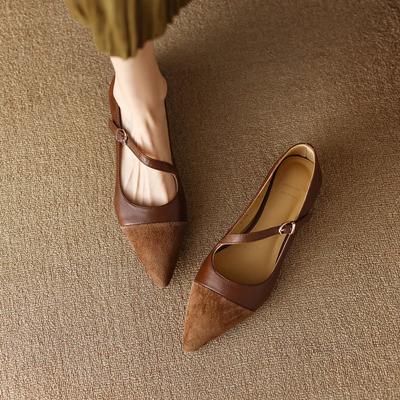 Retro Pointed Single Shoes Women's Splicing Design Light Mouth Versatile Brown French One-word Buckle with Flat Shoes