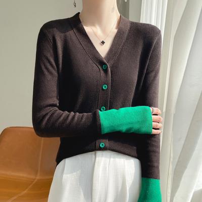 Women's Sleeves Colorblocking Knitted Cardigan Spring and Autumn Drawstring Slim Thin Hit Color Sweater Jacket