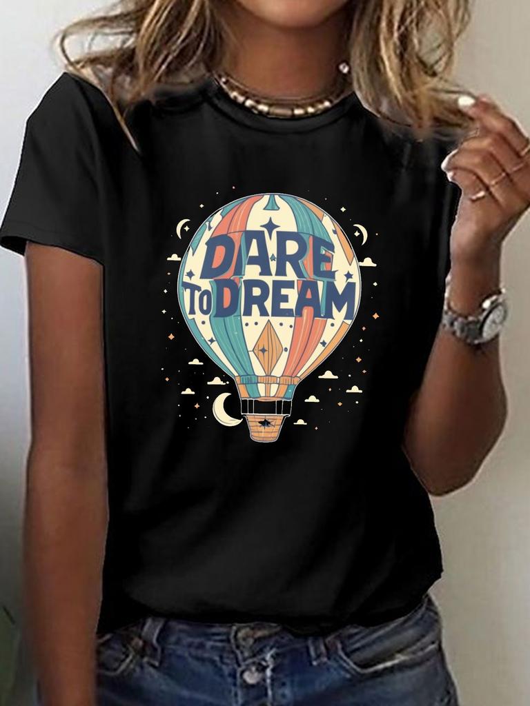 Women's Inspirational Hot Air Balloon Print T-Shirt Casual Crew Neck Short Sleeve Women Top Summer Spring Fashion Clothing