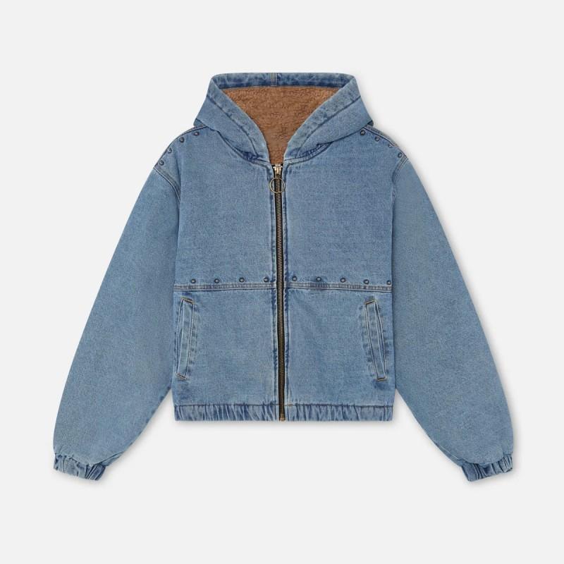 Vintage Fleece-Lined Hooded Zip-Up Denim-Style Jacket