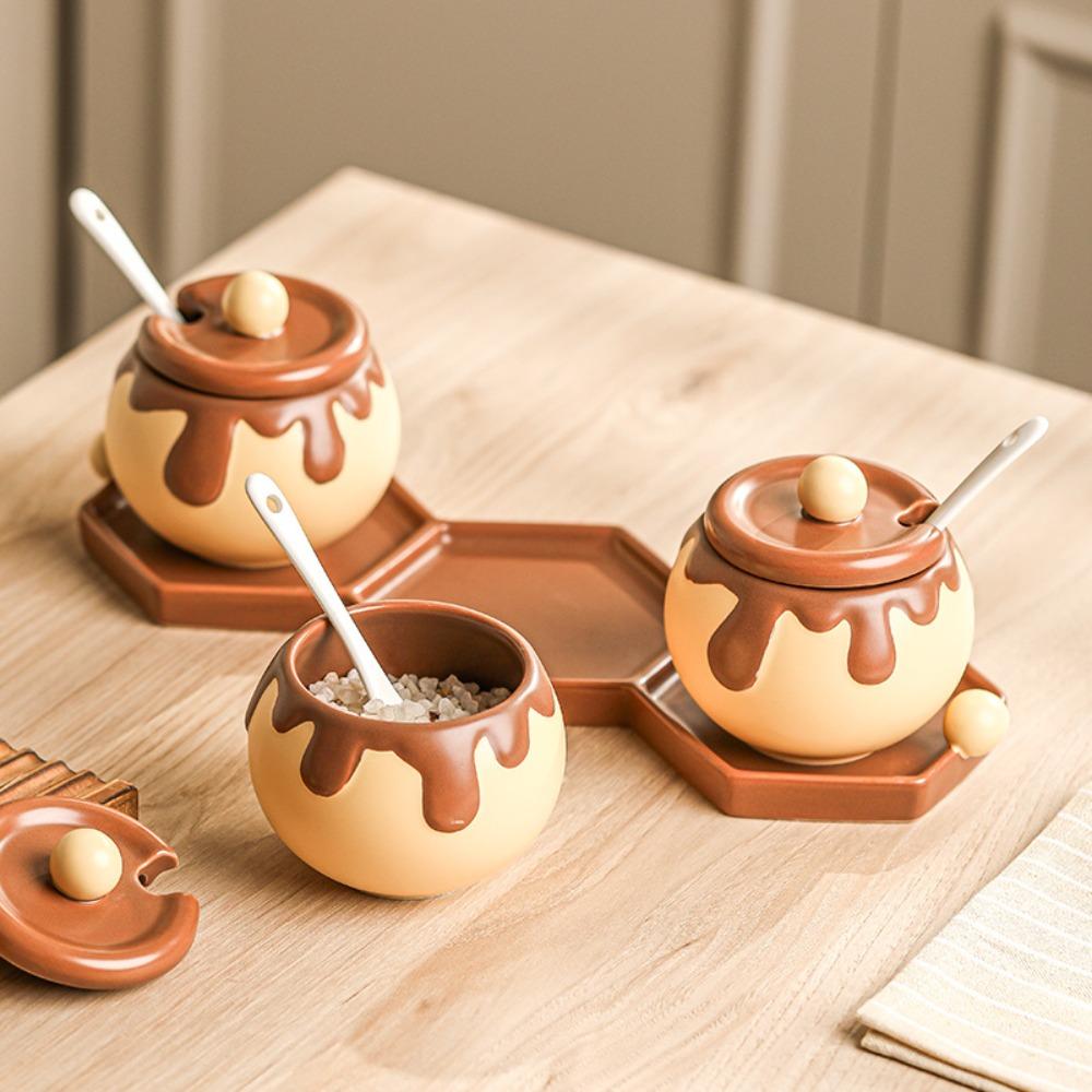 Cartoon Honey Jar Design Spice Jars with Spoon Condiment Pot Creative Ceramic Seasoning Jar  Salt