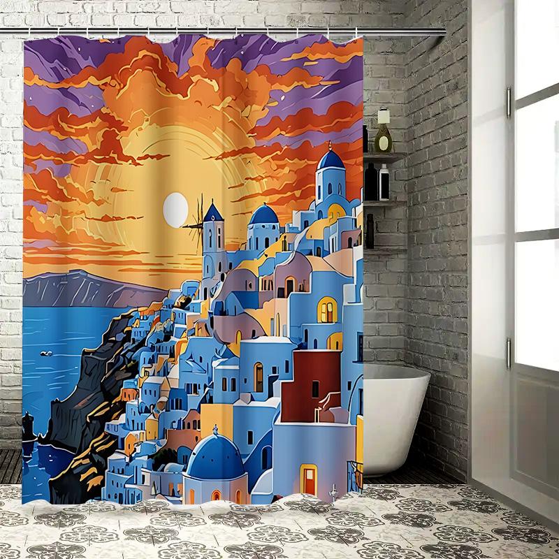 

Colorful Sunset View of Mediterranean Coastal Town - Artistic Shower Curtain for Home Decor Waterproof Durable Non Transparent 90X180cm(35x70in)