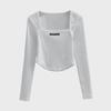 Crop top da donna con scollo quadrato, design a lisca di pesce, strisce piccanti, maniche lunghe