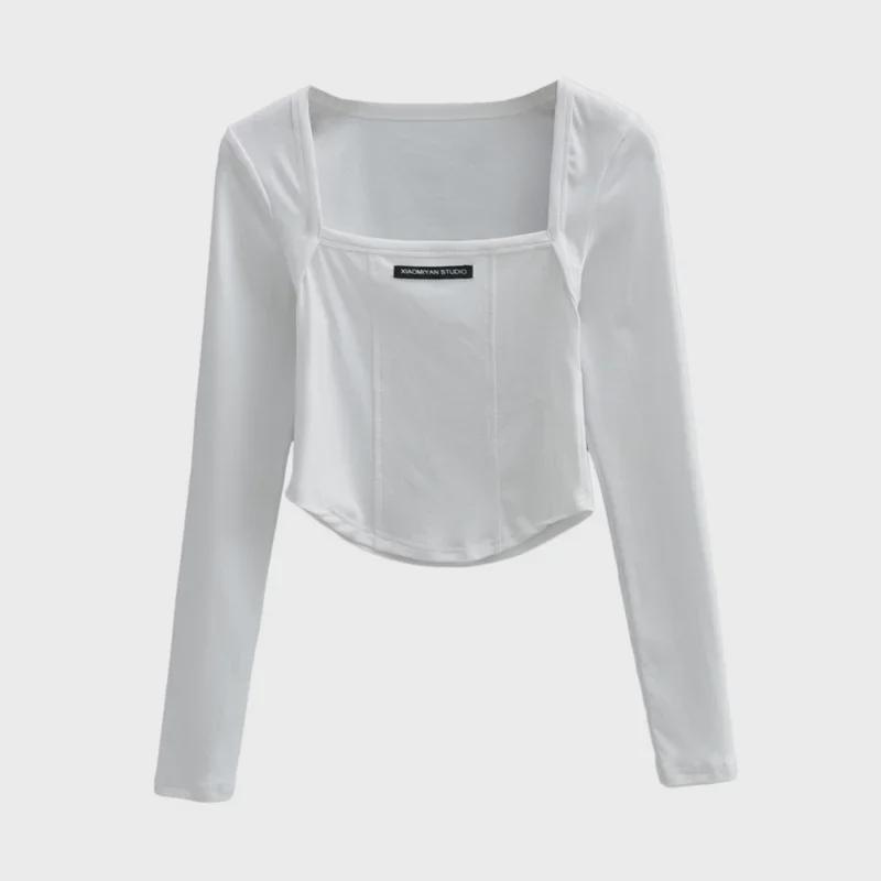 Crop top da donna con scollo quadrato, design a lisca di pesce, strisce piccanti, maniche lunghe