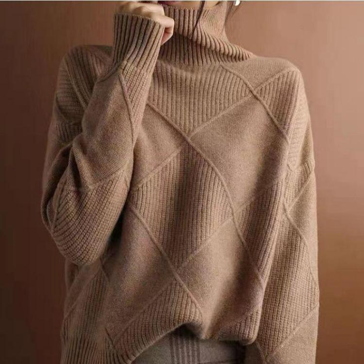 

Fall Winter Fashion Women High Neck 3D Diamond Plaid Sweater Casual Knitwear Niche Design S хакі