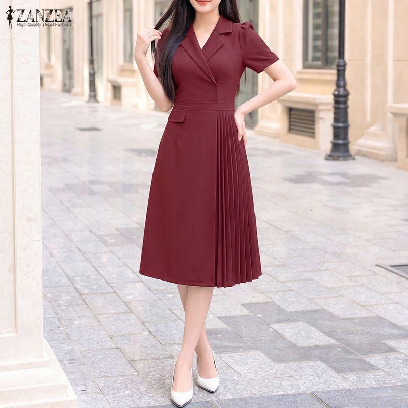 ZANZEA Women Casual Turn Down Collar Solid Color Short Sleeve Dress
