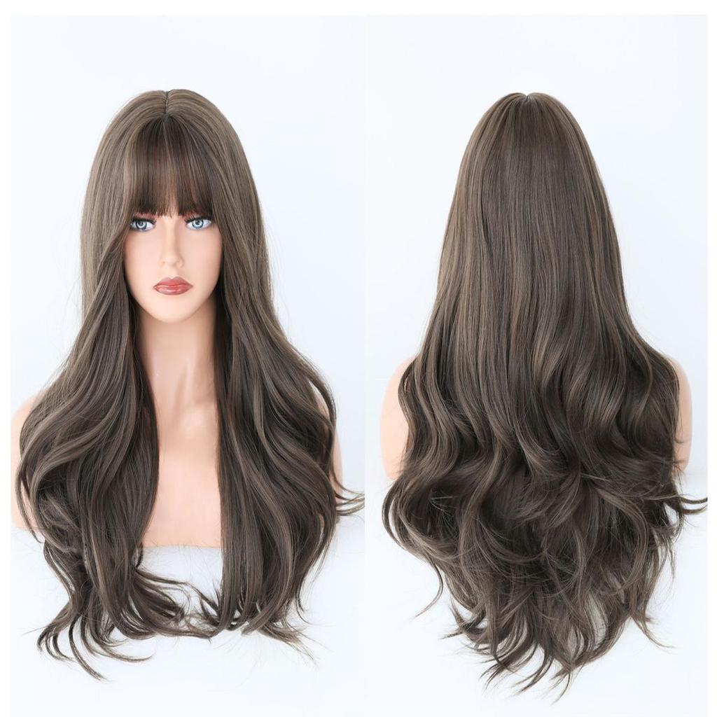 Voluminous Long Curly Wig with Feathered Bangs - Natural Looking Body Wave, Heat-Resistant Daily/Party/Wedding Hairpiece (Breathable Lightweight)