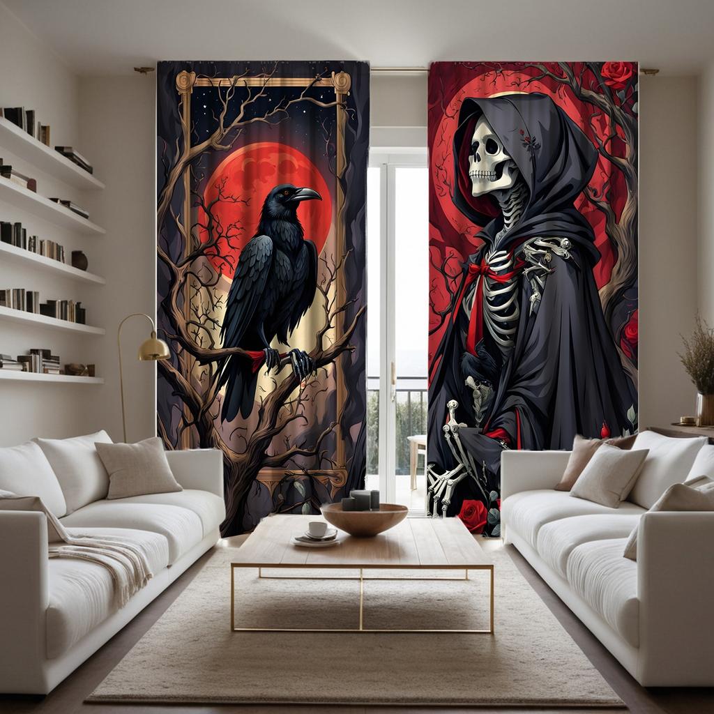 2-teiliges Set HD-Dekovorhang Halloween Rose Skull Eagle Black Tie digital bedruckter Vorhang Home Decor Style Dekorieren Wohnzimmer