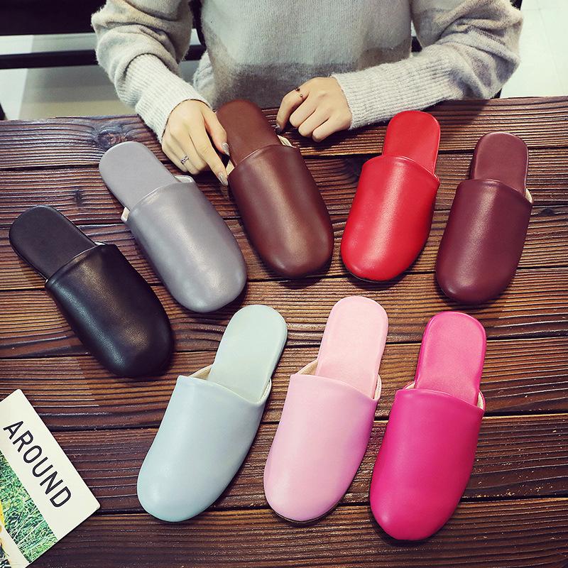 Fashion Women Slippers House Couple Indoor Summer High Quality PU Leather Flats Shoes  Close Toe Casual Non-slip Slides Female