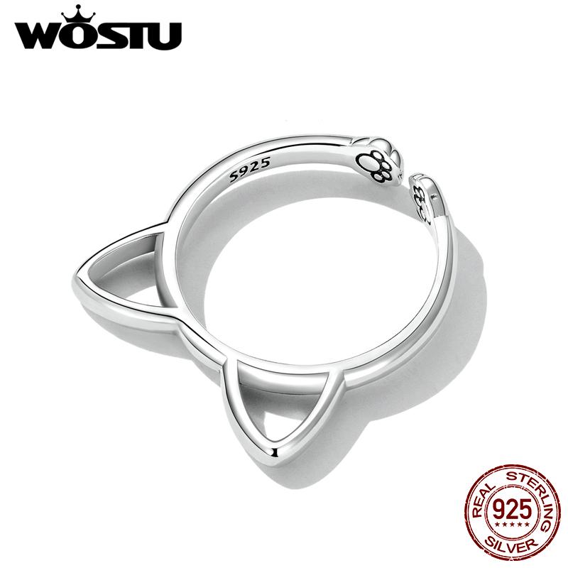 WOSTU Fashion 925 Sterling Silver Simple Cat Adjustable Ring For Women S925 Silver Animal Open Rings Fine Birthday Jewelry Gifts