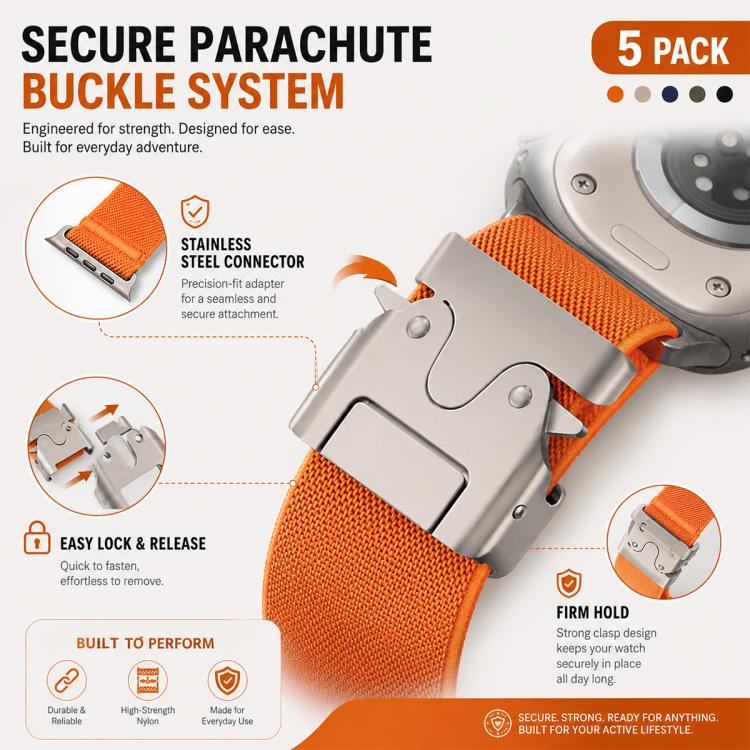 5‑Pack Stretch‑Nylon Replacement Watch‑Band Strap, Parachute‑Style Buckle Adjustable Wrist‑Bracelet Accessory For Apple Watch 42/44/45/46/49mm