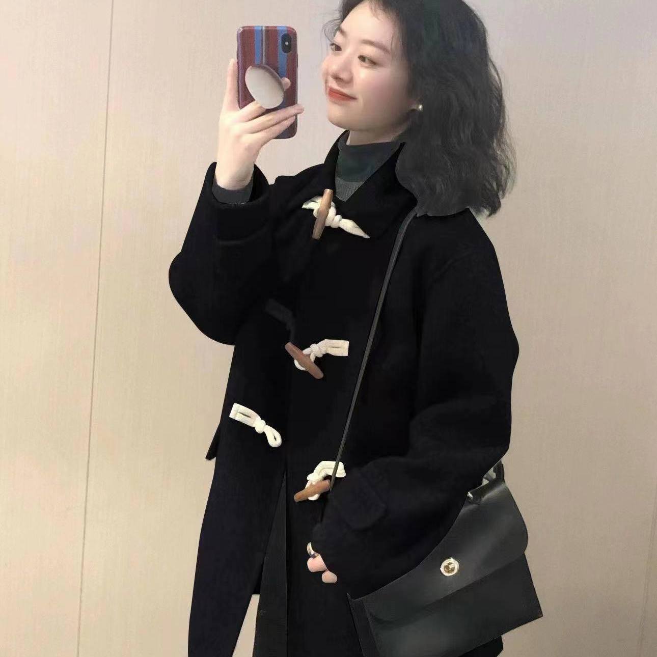 

Short Wool Coat Women Winter Korean Style Horn Button Jacket High Quality Petite Outerwear S чорний