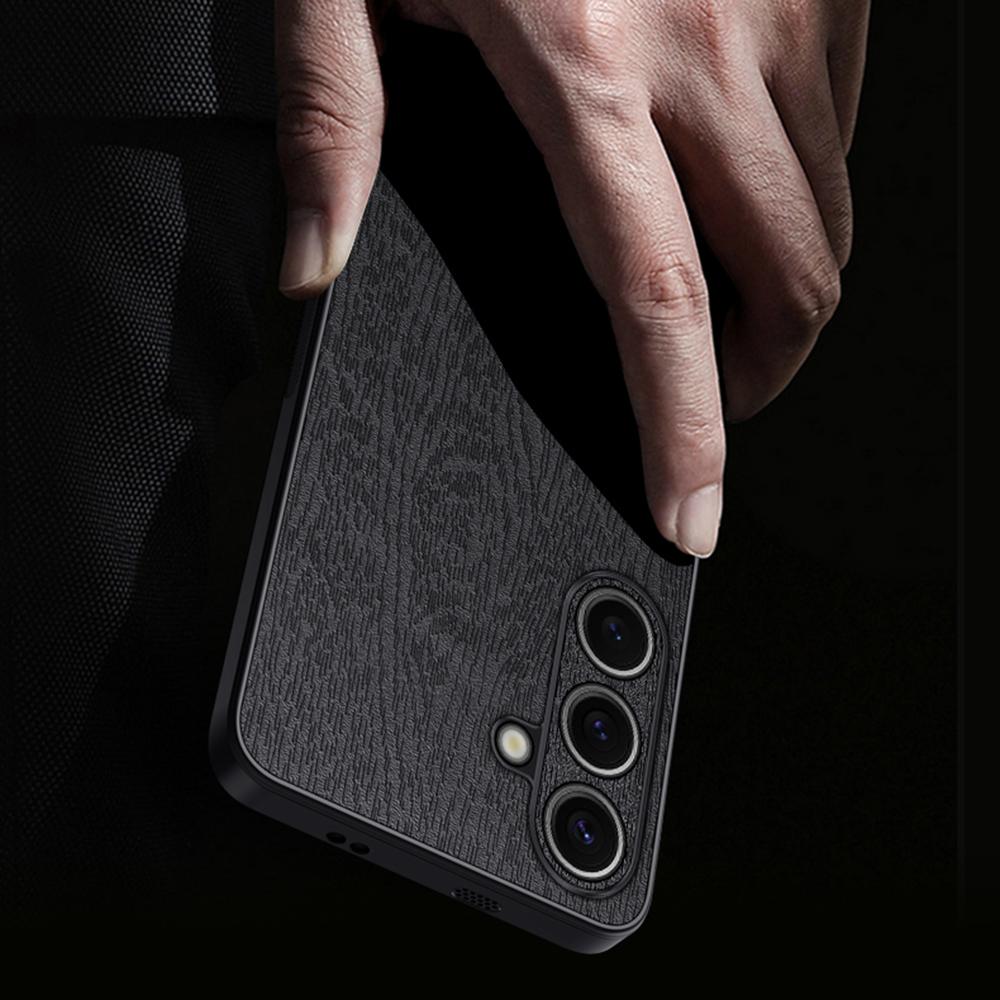 

For Samsung Galaxy S25 Case Wood Texture PU Leather Coated PC+TPU Phone Cover Grey