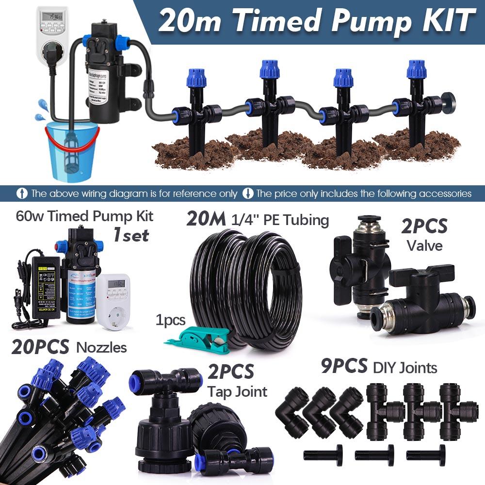1/4" 60w Self-priming Pump Timed Kit w/ 4/6mm Adjustable Sprinkler Dripper Lawn Plant Pot Garden Irrigation Auto Watering System