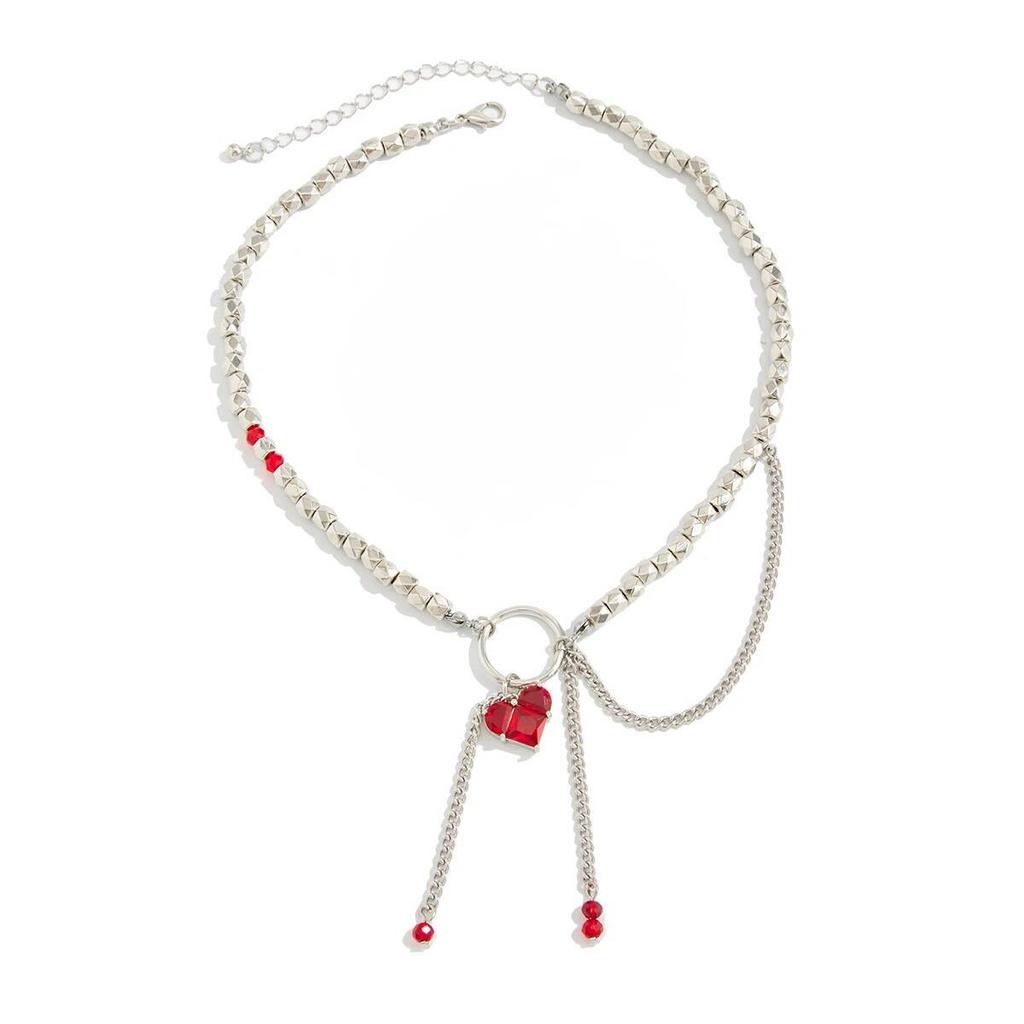 Salircon Gothic Red Love Heart Acrylic Rhinestone Pendent Neckalce Women Trendy Handmade CCB Beaded Tassel Chain Choker Jewelry