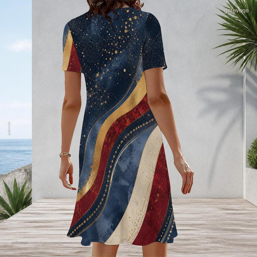 Women Plus Size Round Neck Short Sleeve Printed A Line Flared Hem Dress