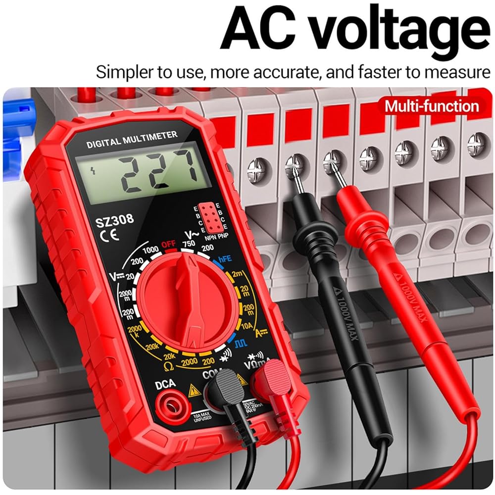 SZ308 Digital Multimeter 2000 Counts with Voltage, Current, Resistance Measurement and Backlit LCD Display