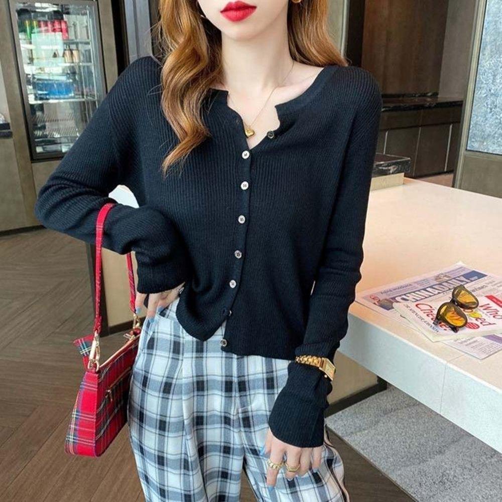 Women's Knit Cardigan Autumn Winter Gentle Chic Small Coat Long Sleeve V-neck Thin Outer Wear Versatile Top