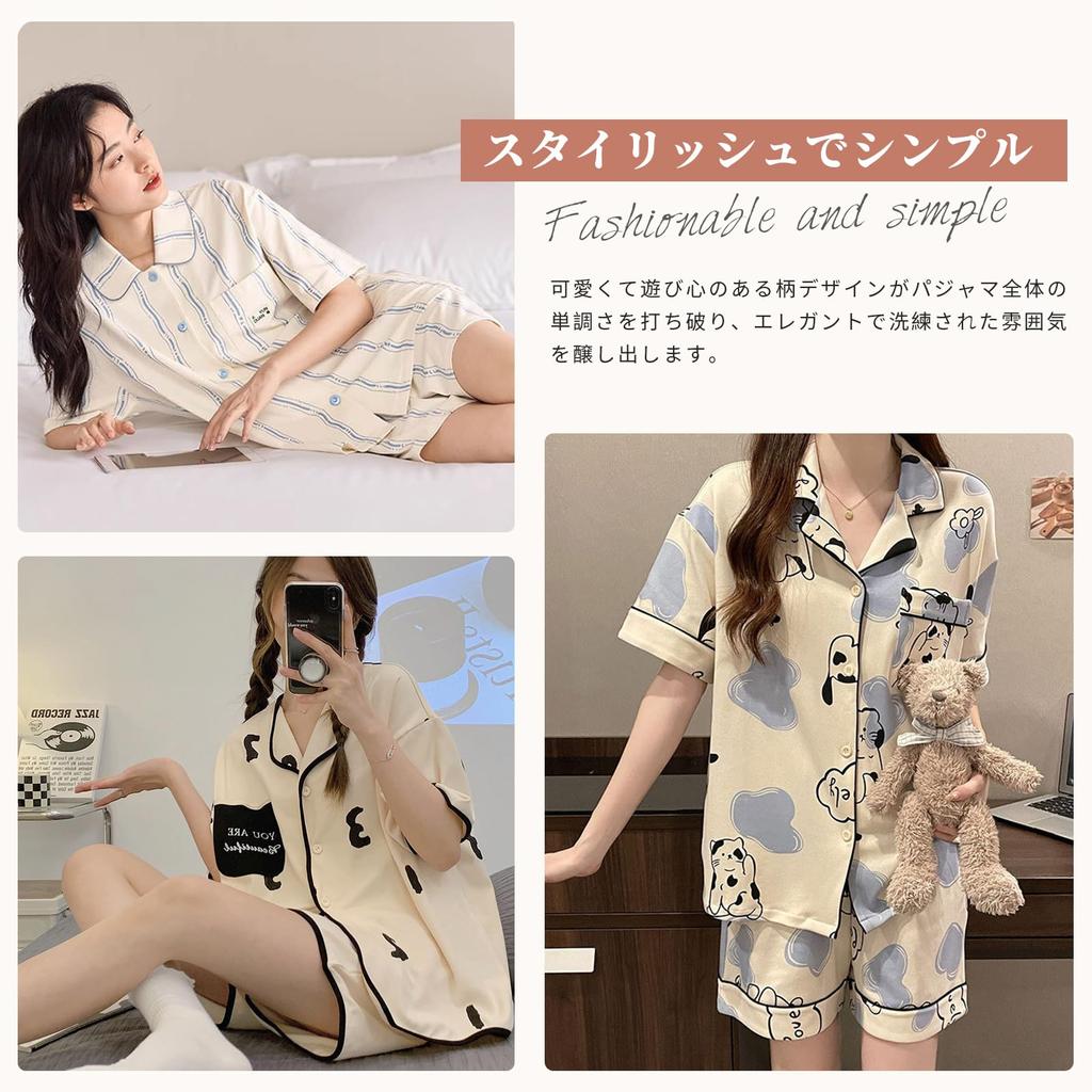 Tiernyueth Pajama Short Sleeves and Shorts with Chest Open Fashionable Floral Loose Women's 2-Piece Set, Pads, Front, Print, Lightweight,